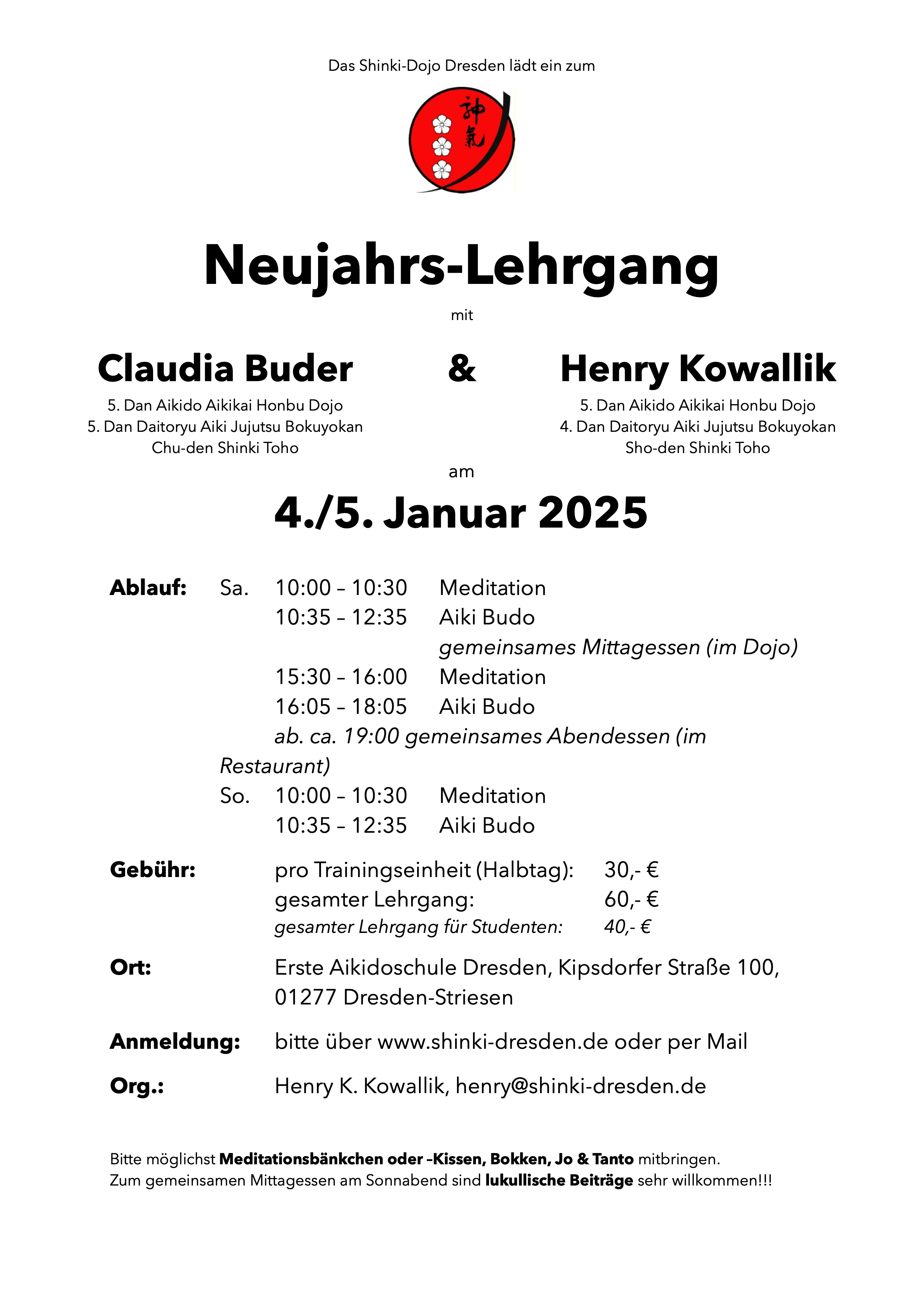 Ausschreibung Neujahrs-Lehrgang 2025 mit Claudia Buder und Henry Kowallik